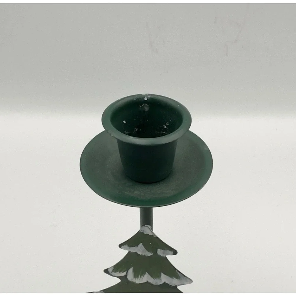 Vintage Metal Christmas Tree Taper Candle Holders‎ Set of 2 Star Base Green Gold